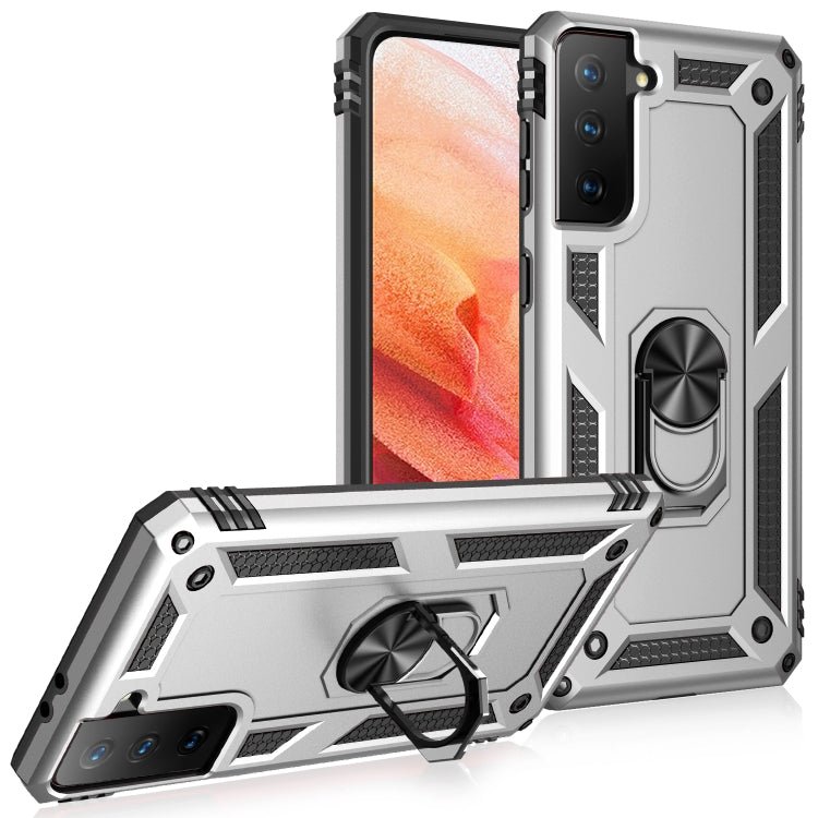 For Samsung Galaxy S21 5G Shockproof TPU + PC Protective Case with 360 Degree Rotating Holder(Silver)