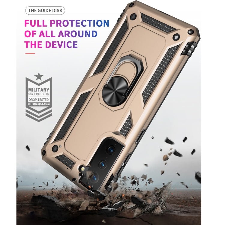 For Samsung Galaxy S21 5G Shockproof TPU + PC Protective Case with 360 Degree Rotating Holder(Gold)