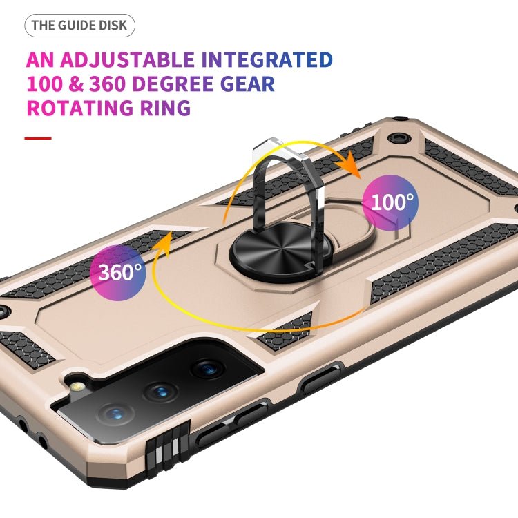 For Samsung Galaxy S21 5G Shockproof TPU + PC Protective Case with 360 Degree Rotating Holder(Gold)