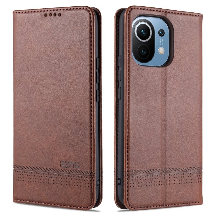 For Xiaomi Mi 11 AZNS Magnetic Calf Texture Horizontal Flip Leather Case with Card Slots & Holder & Wallet(Dark Brown)