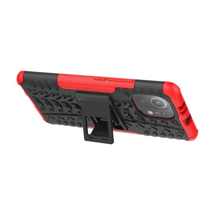 For Xiaomi Mi 11 Tire Texture Shockproof TPU+PC Protective Case with Holder(Red)