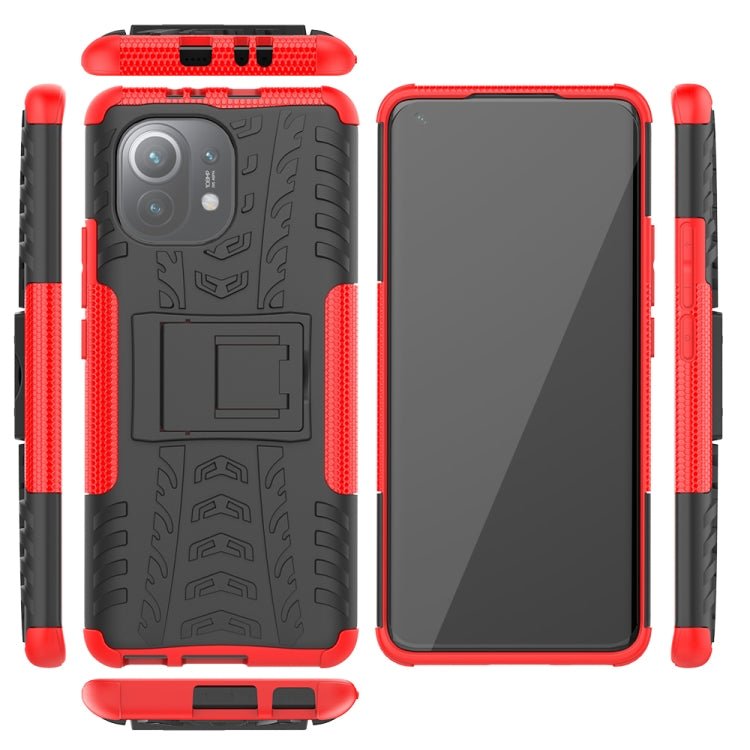 For Xiaomi Mi 11 Tire Texture Shockproof TPU+PC Protective Case with Holder(Red)