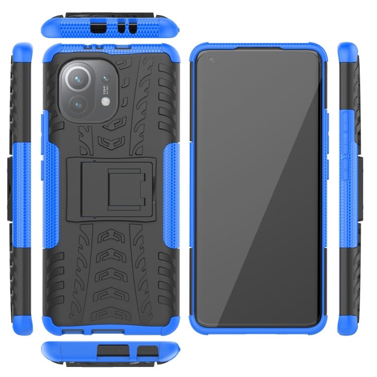 For Xiaomi Mi 11 Tire Texture Shockproof TPU+PC Protective Case with Holder(Blue)