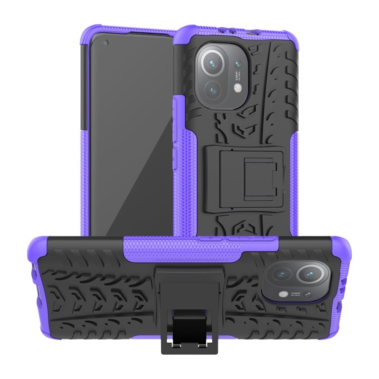 For Xiaomi Mi 11 Tire Texture Shockproof TPU+PC Protective Case with Holder(Purple)