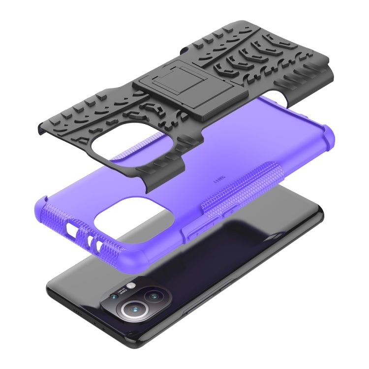 For Xiaomi Mi 11 Tire Texture Shockproof TPU+PC Protective Case with Holder(Purple)