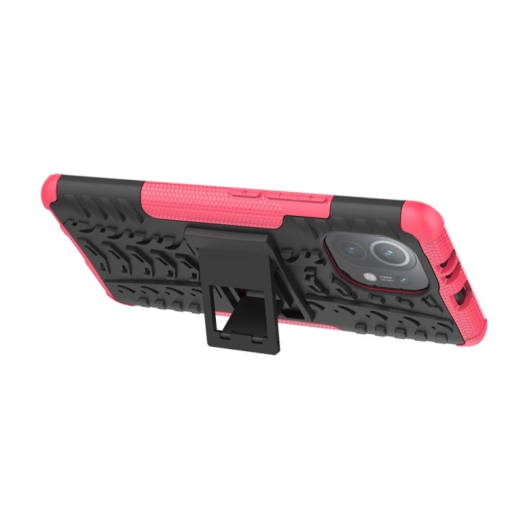 For Xiaomi Mi 11 Tire Texture Shockproof TPU+PC Protective Case with Holder(Pink)