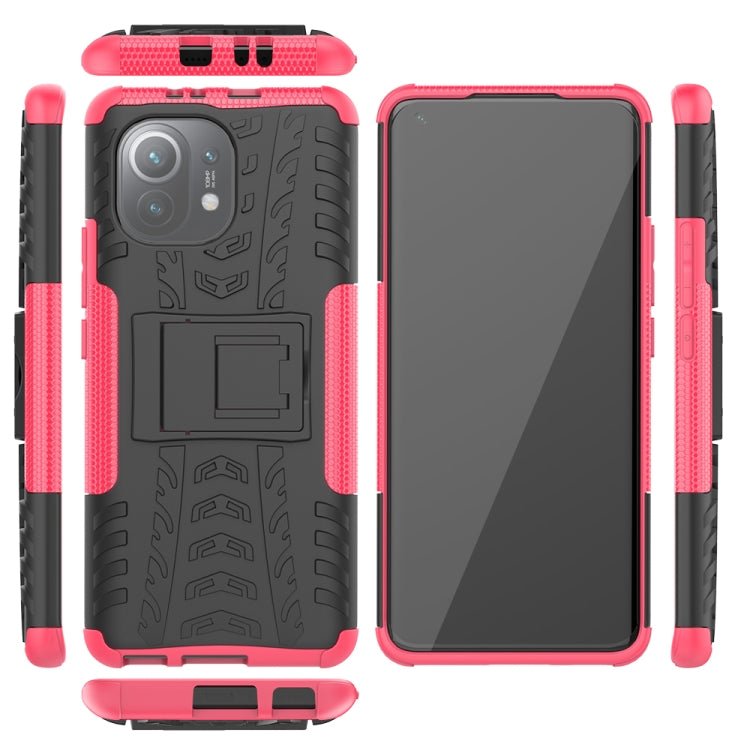 For Xiaomi Mi 11 Tire Texture Shockproof TPU+PC Protective Case with Holder(Pink)