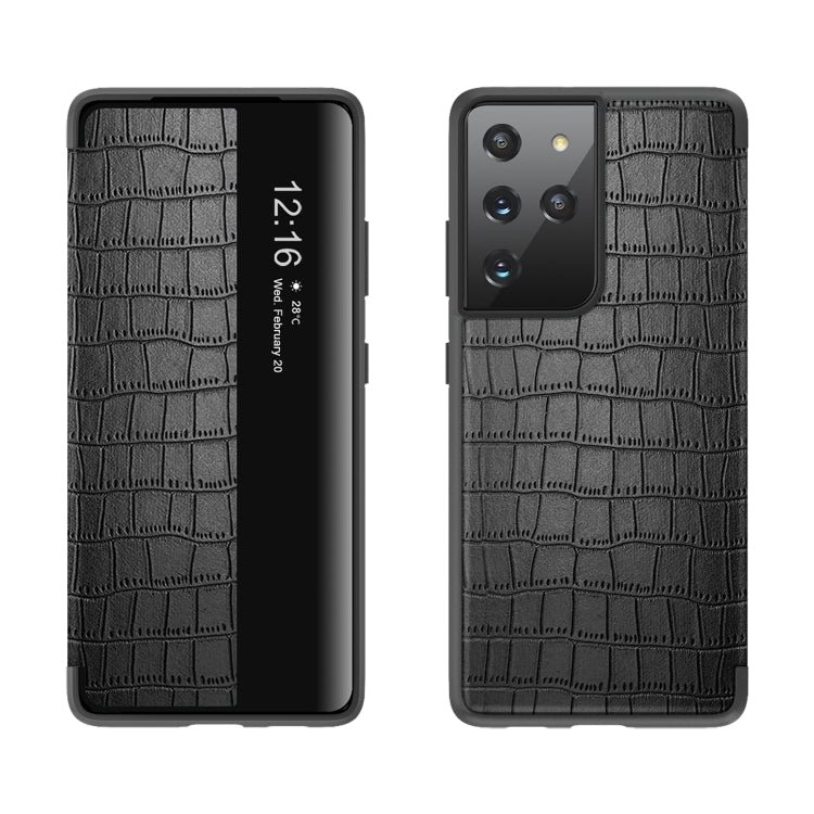 For Samsung Galaxy S21+ 5G Crocodile Texture Display Window Horizontal Flip Leather Case(Black)