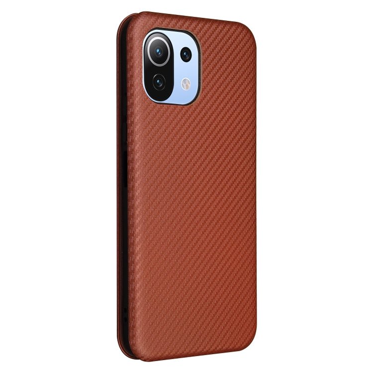 For Xiaomi Mi 11 Lite Carbon Fiber Texture Horizontal Flip TPU + PC + PU Leather Case with Card Slot(Brown)