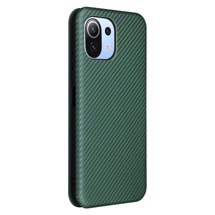 For Xiaomi Mi 11 Lite Carbon Fiber Texture Horizontal Flip TPU + PC + PU Leather Case with Card Slot(Green)