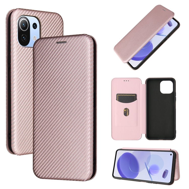 For Xiaomi Mi 11 Lite Carbon Fiber Texture Horizontal Flip TPU + PC + PU Leather Case with Card Slot(Pink)
