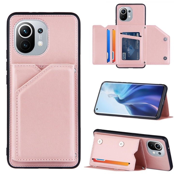 For Xiaomi Mi 11 Skin Feel PU + TPU + PC Back Cover Shockproof Case with Card Slots & Holder & Photo Frame(Rose Gold)