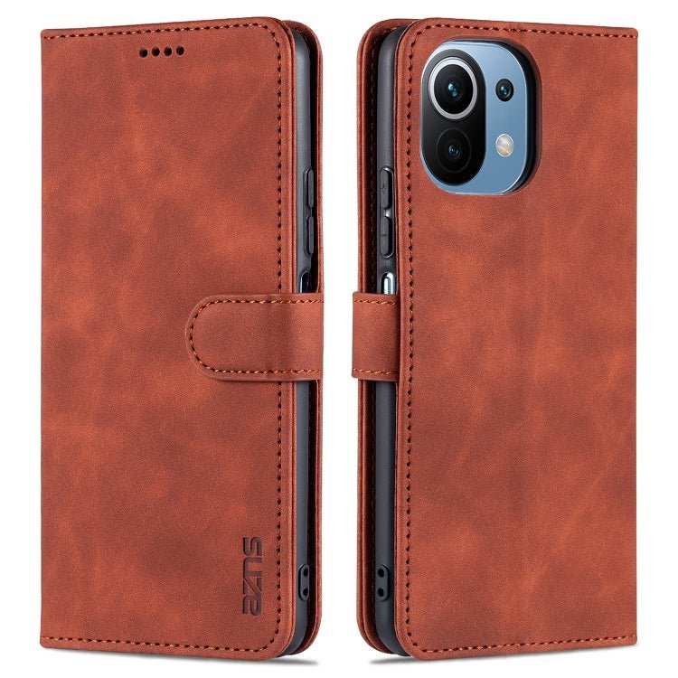 For Xiaomi Mi 11 Lite AZNS Skin Feel Calf Texture Horizontal Flip Leather Case with Card Slots & Holder & Wallet(Brown)