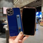 For iPhone 11 Pro 6D Pure Color Plating Protective Case with Wristband & Holder (Blue)