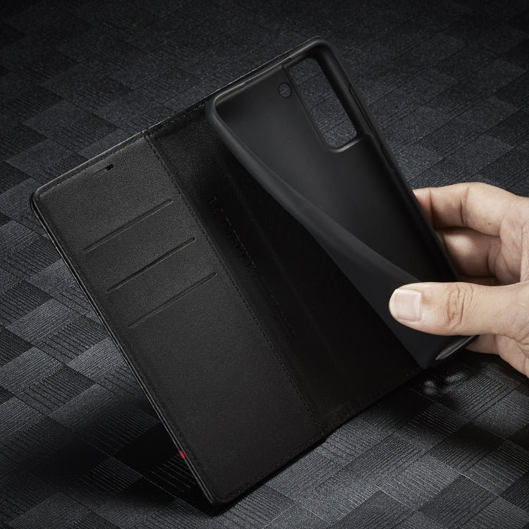 LC.IMEEKE Carbon Fiber PU + TPU Horizontal Flip Leather Case with Holder & Card Slot & Wallet For Samsung Galaxy S21 5G(Horizontal Black)