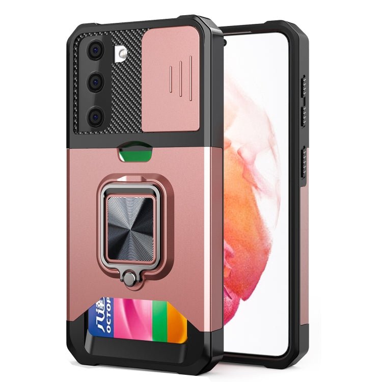 For Samsung Galaxy S21Sliding Camera Cover Design PC + TPU Shockproof Case with Ring Holder & Card Slot(Rose Gold)