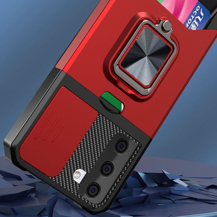 For Samsung Galaxy S21Sliding Camera Cover Design PC + TPU Shockproof Case with Ring Holder & Card Slot(Rose Gold)