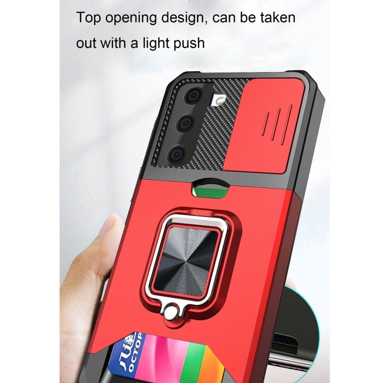 For Samsung Galaxy S21+ Sliding Camera Cover Design PC + TPU Shockproof Case with Ring Holder & Card Slot(Rose Gold)