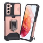 For Samsung Galaxy S21 5G Sliding Camera Cover Design PC + TPU Shockproof Case with Ring Holder & Card Slot(Rose Gold)