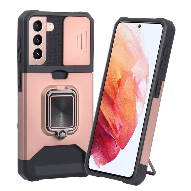 For Samsung Galaxy S21 5G Sliding Camera Cover Design PC + TPU Shockproof Case with Ring Holder & Card Slot(Rose Gold)