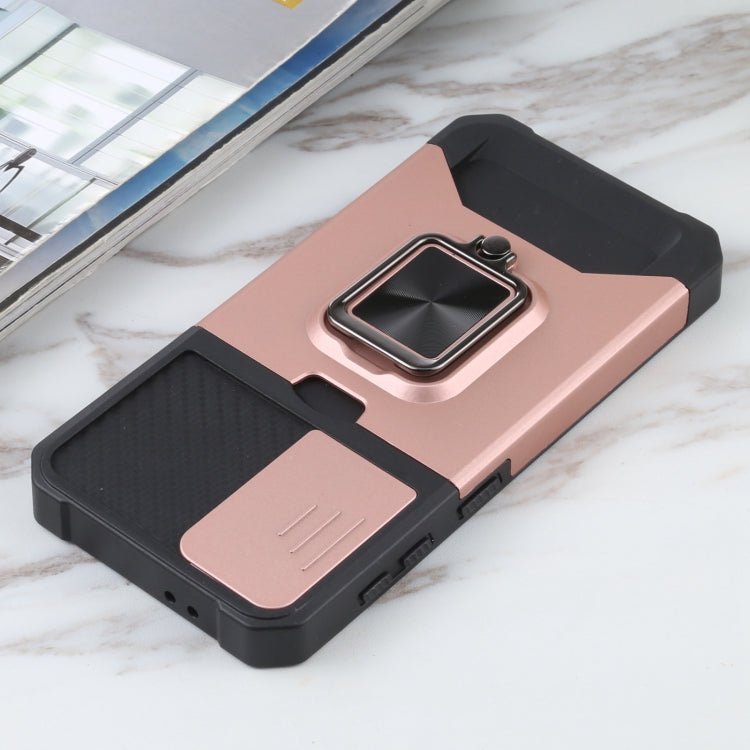 For Samsung Galaxy S21 5G Sliding Camera Cover Design PC + TPU Shockproof Case with Ring Holder & Card Slot(Rose Gold)