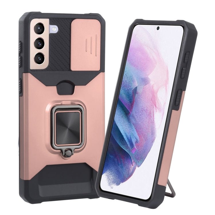 For Samsung Galaxy S21+ 5G Sliding Camera Cover Design PC + TPU Shockproof Case with Ring Holder & Card Slot(Rose Gold)