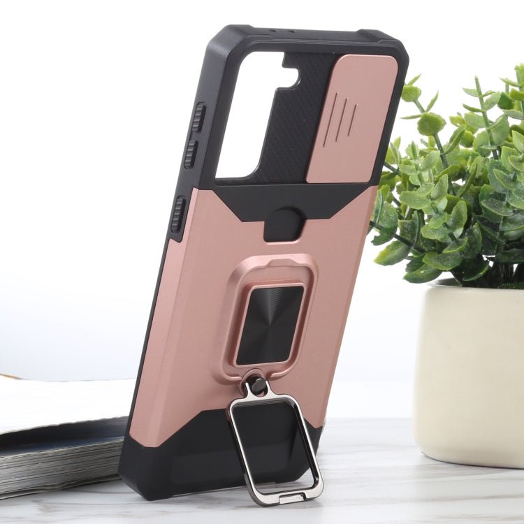For Samsung Galaxy S21+ 5G Sliding Camera Cover Design PC + TPU Shockproof Case with Ring Holder & Card Slot(Rose Gold)