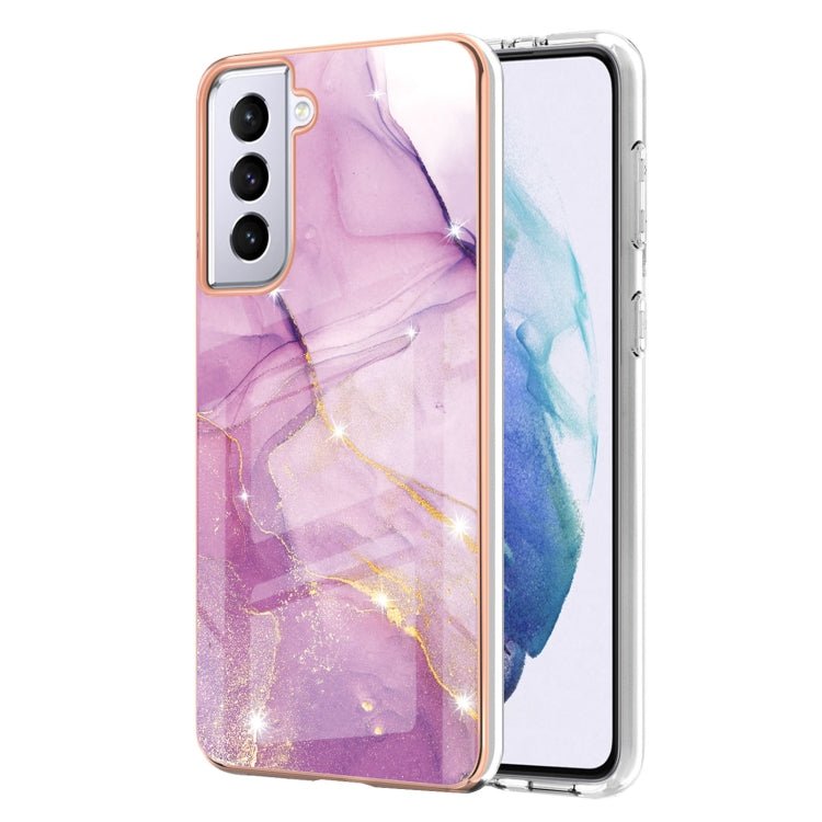 For Samsung Galaxy S21 5G Electroplating Marble Pattern Dual-side IMD TPU Shockproof Case(Purple 001)