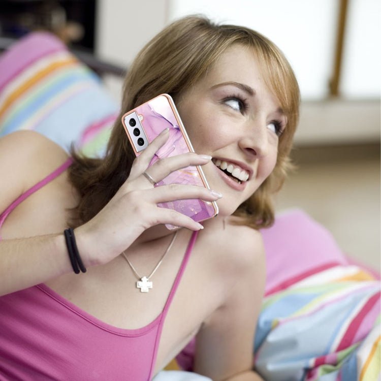 For Samsung Galaxy S21 5G Electroplating Marble Pattern Dual-side IMD TPU Shockproof Case(Purple 001)