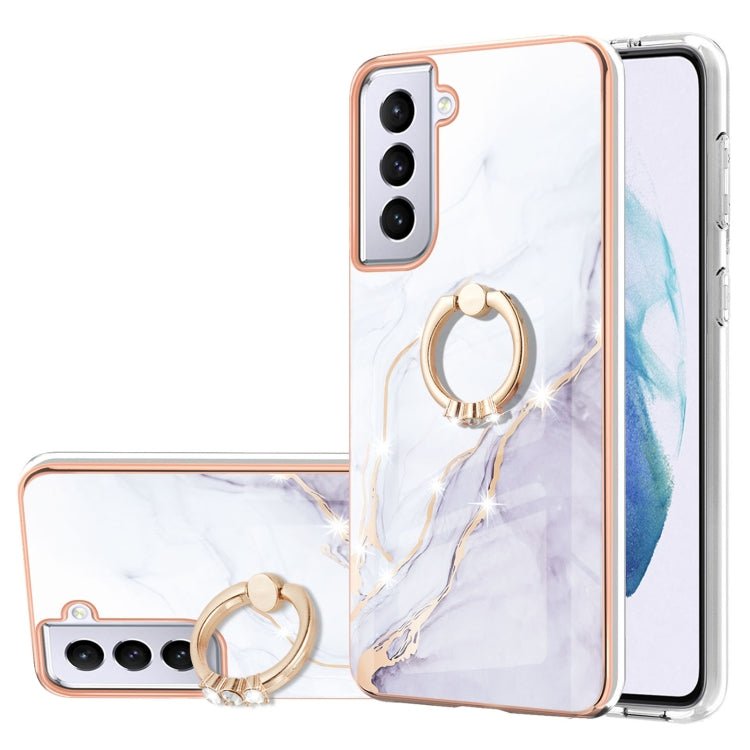 For Samsung Galaxy S21 5G Electroplating Marble Pattern IMD TPU Shockproof Case with Ring Holder(White 006)