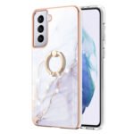For Samsung Galaxy S21 5G Electroplating Marble Pattern IMD TPU Shockproof Case with Ring Holder(White 006)