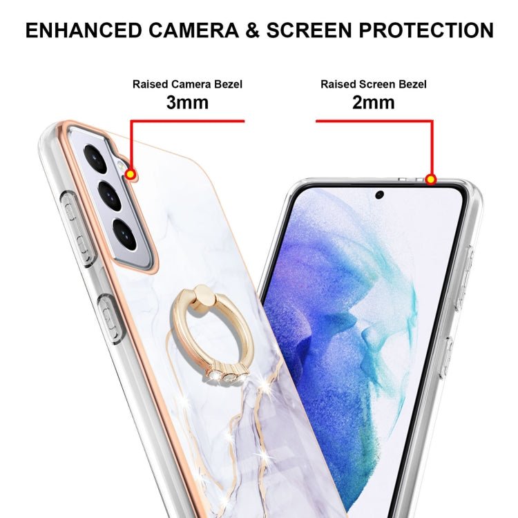 For Samsung Galaxy S21 5G Electroplating Marble Pattern IMD TPU Shockproof Case with Ring Holder(White 006)