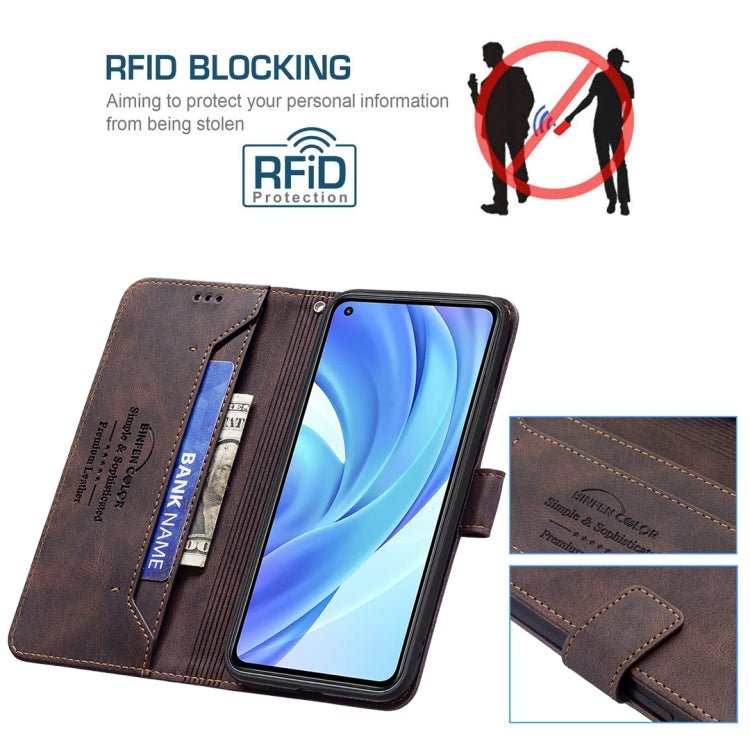 For Xiaomi Mi 11 Lite Magnetic Clasp RFID Blocking Anti-Theft Leather Case with Holder & Card Slots & Wallet(Brown)