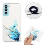 For Samsung Galaxy S22 5G Hollow Marble Pattern TPU Shockproof Phone Case with Neck Strap Rope(Blue)
