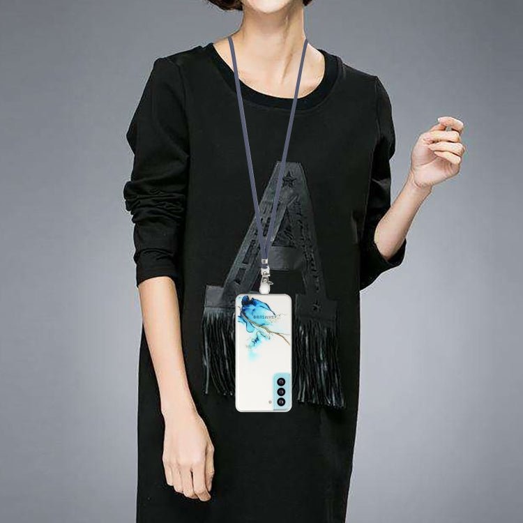 For Samsung Galaxy S22 5G Hollow Marble Pattern TPU Shockproof Phone Case with Neck Strap Rope(Blue)