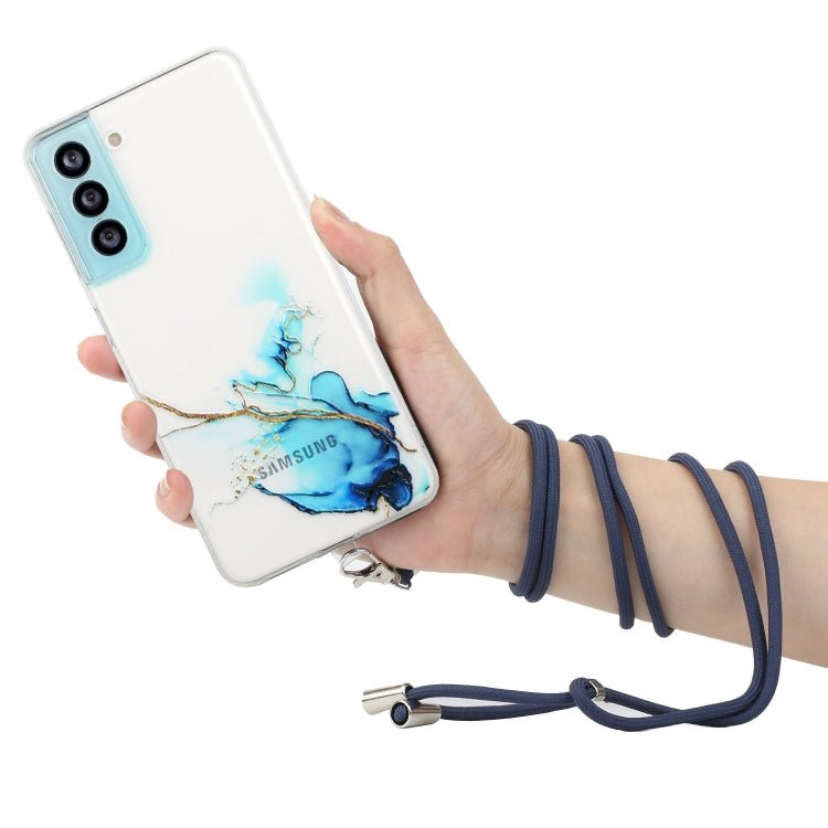For Samsung Galaxy S22+ 5G Hollow Marble Pattern TPU Shockproof Phone Case with Neck Strap Rope(Blue)