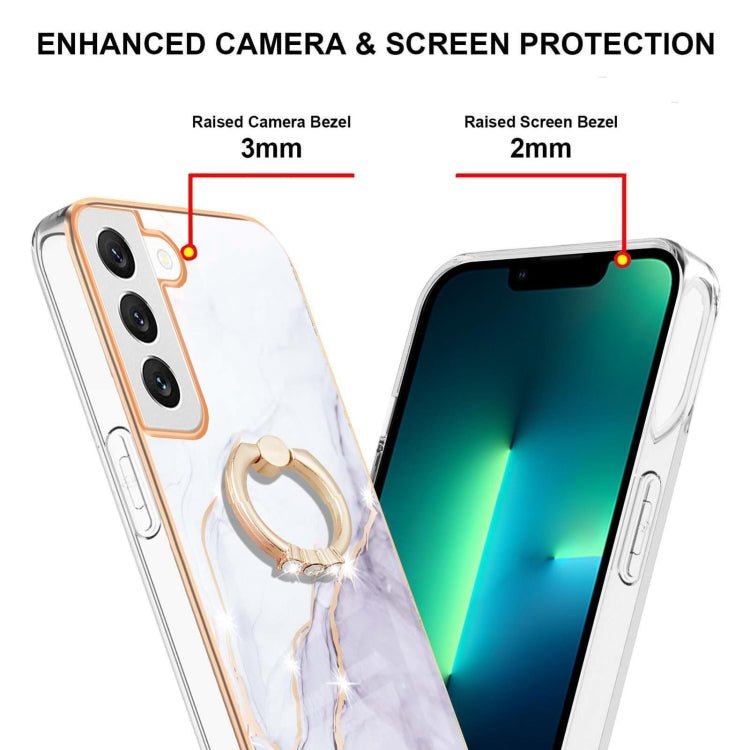 For Samsung Galaxy S22 Electroplating Marble IMD TPU Phone Case with Ring Holder(White 006)