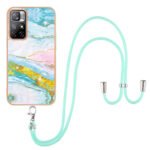 For Xiaomi Redmi Note 11 5G (China) / Note 11T 5G (India) Electroplating Marble IMD TPU Phone Case with Lanyard(Green 004)