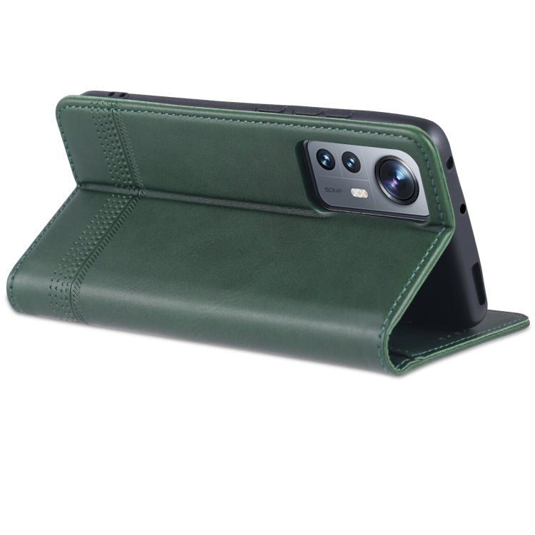 For Xiaomi 12 / 12X AZNS Magnetic Calf Texture Flip Leather Phone Case(Dark Green)