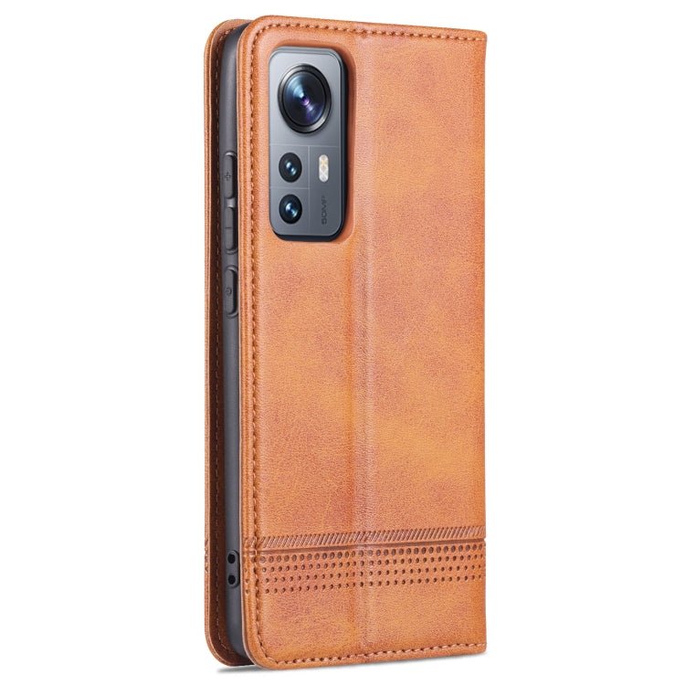 For Xiaomi 12 / 12X AZNS Magnetic Calf Texture Flip Leather Phone Case(Light Brown)