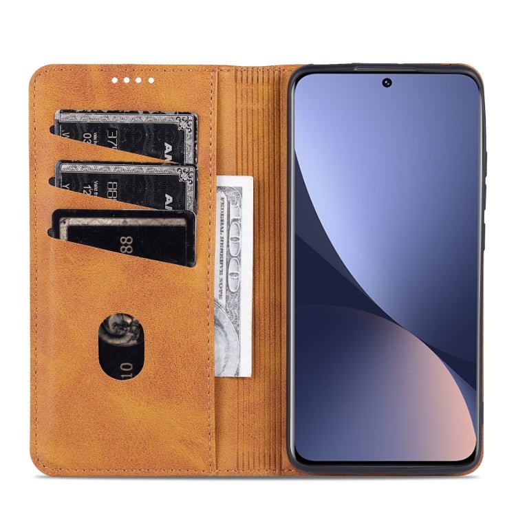 For Xiaomi 12 / 12X AZNS Magnetic Calf Texture Flip Leather Phone Case(Light Brown)
