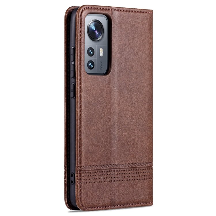 For Xiaomi 12 / 12X AZNS Magnetic Calf Texture Flip Leather Phone Case(Dark Brown)