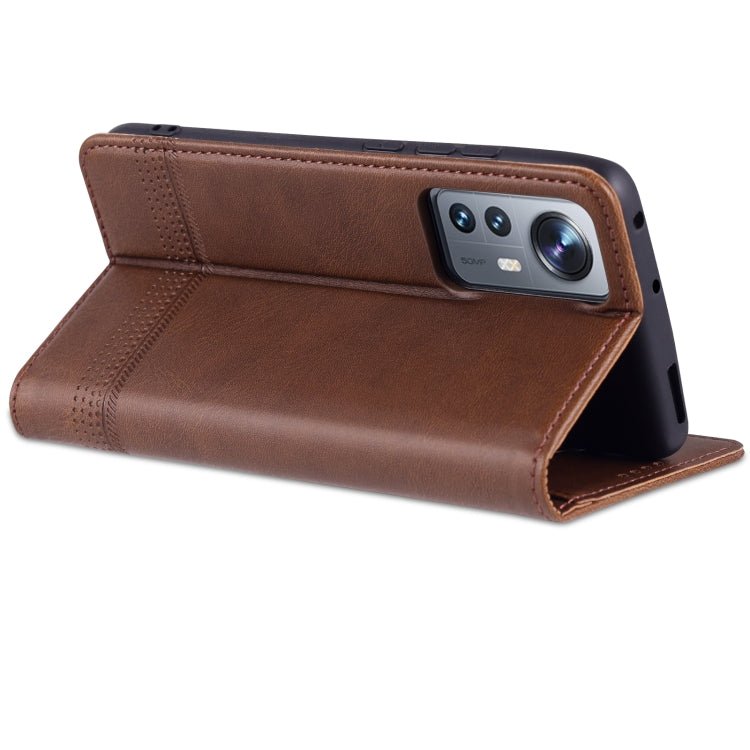For Xiaomi 12 / 12X AZNS Magnetic Calf Texture Flip Leather Phone Case(Dark Brown)