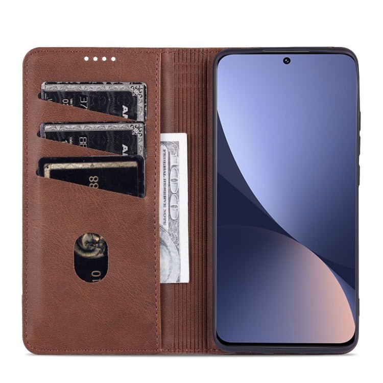 For Xiaomi 12 / 12X AZNS Magnetic Calf Texture Flip Leather Phone Case(Dark Brown)