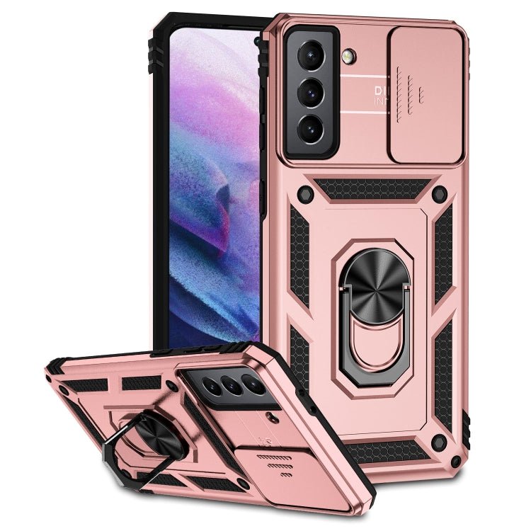For Samsung Galaxy S21 5G Sliding Camshield Holder Phone Case(Rose Gold)