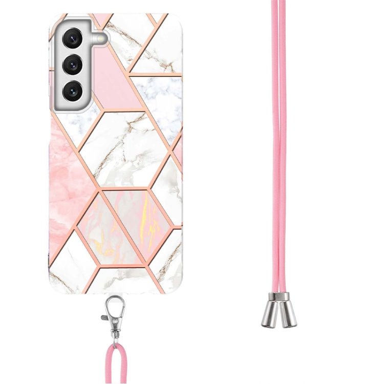 For Samsung Galaxy S22+ 5G Electroplating Splicing Marble TPU Phone Case with Lanyard(Pink White)