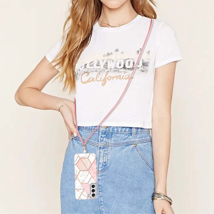 For Samsung Galaxy S22+ 5G Electroplating Splicing Marble TPU Phone Case with Lanyard(Pink White)
