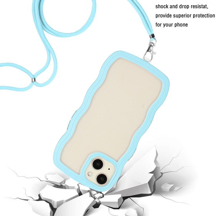 For iPhone 14 Plus  Lanyard Candy Color Wave TPU Clear PC Phone Case(Blue)