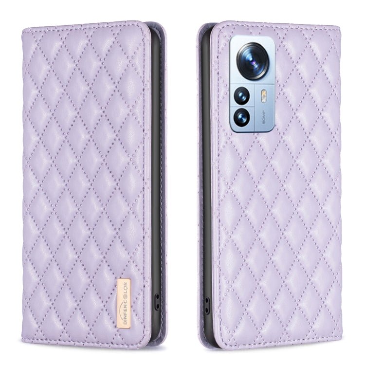 For Xiaomi 12 Pro Diamond Lattice Magnetic Leather Flip Phone Case(Purple)