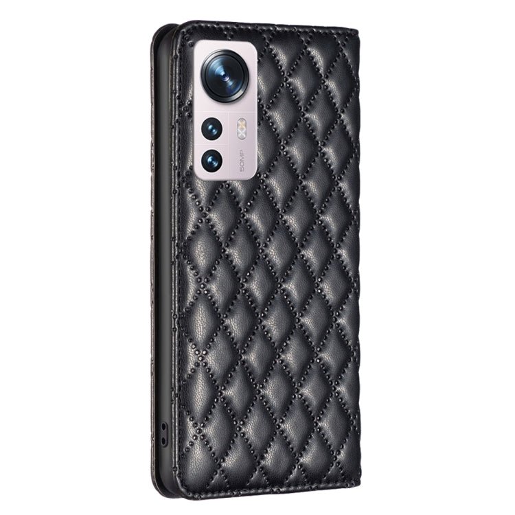 For Xiaomi 12 Diamond Lattice Magnetic Leather Flip Phone Case(Black)